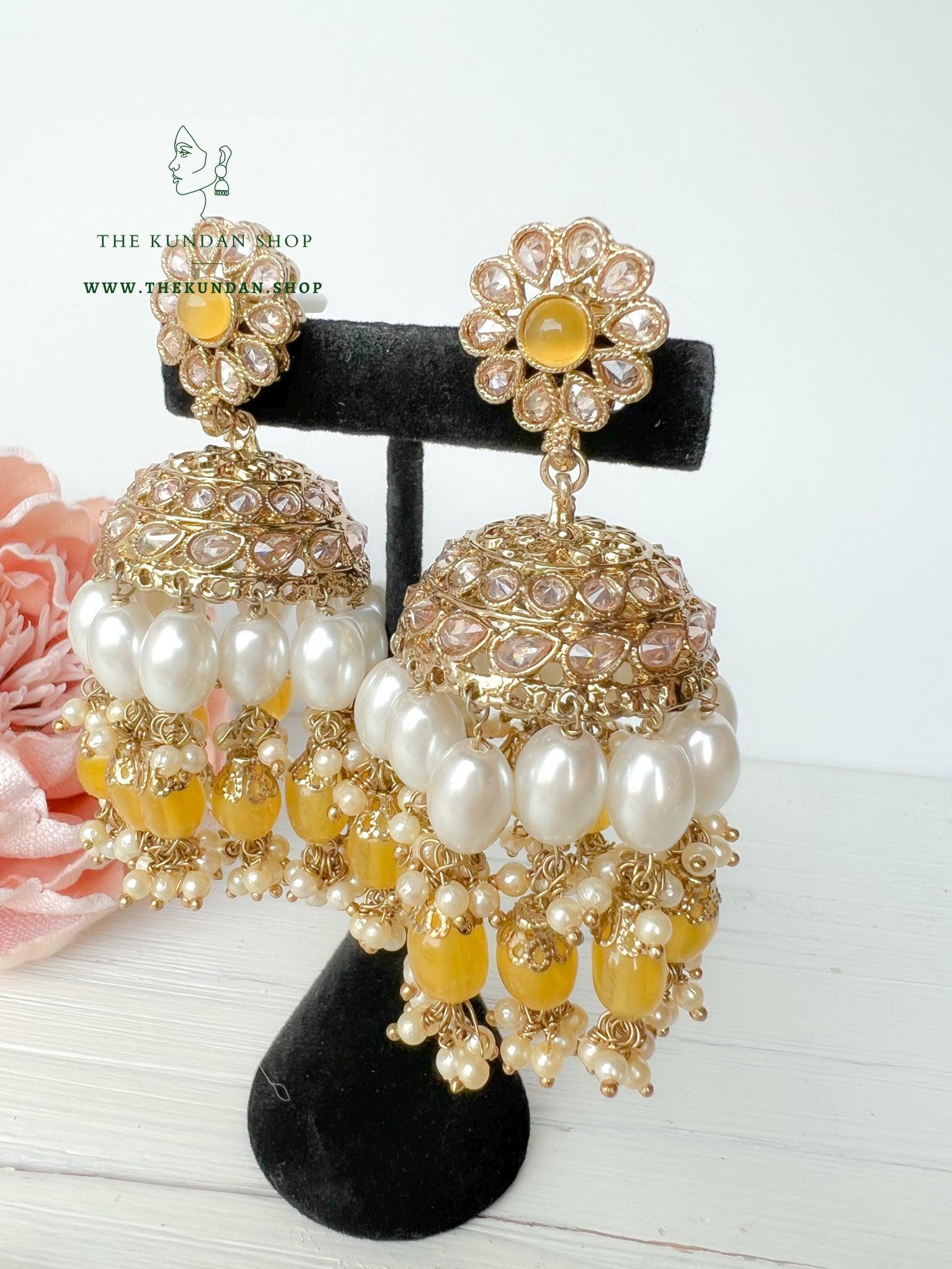 Finery Jhumkis in Yellow Earrings + Tikka THE KUNDAN SHOP 