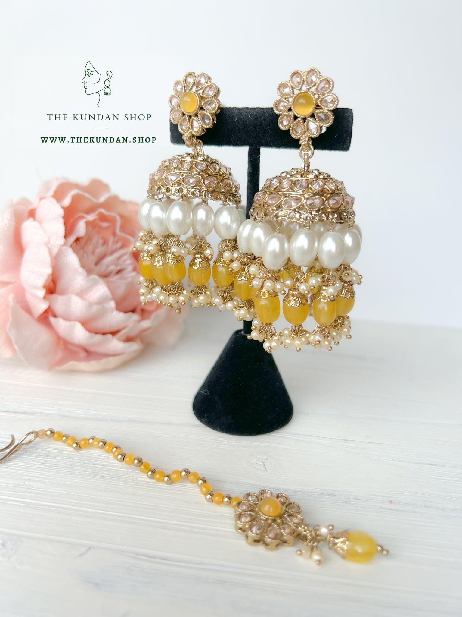 Finery Jhumkis in Yellow Earrings + Tikka THE KUNDAN SHOP 