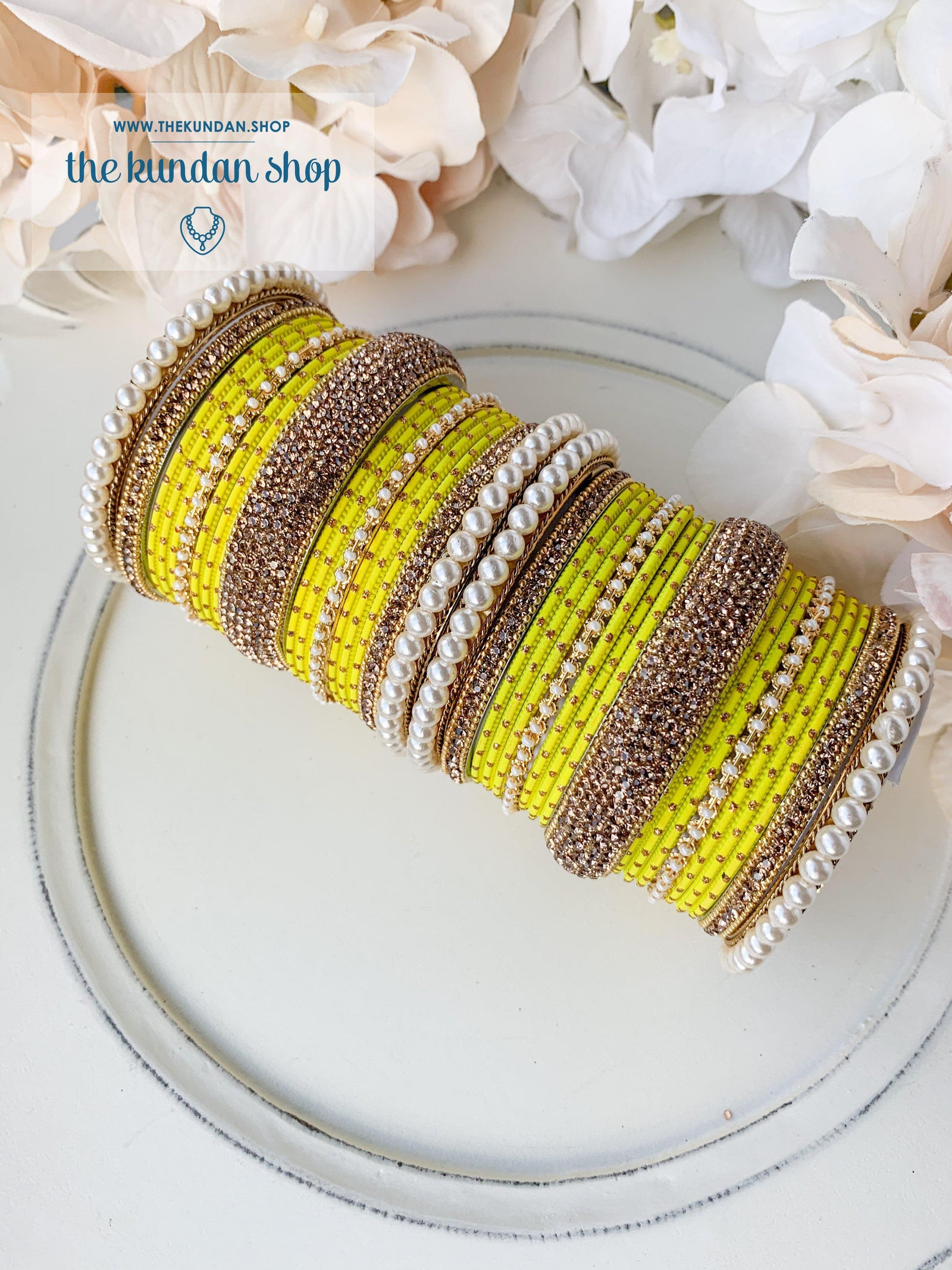 Pearl & Rhinestone Bangles in Yellow Bangles THE KUNDAN SHOP 