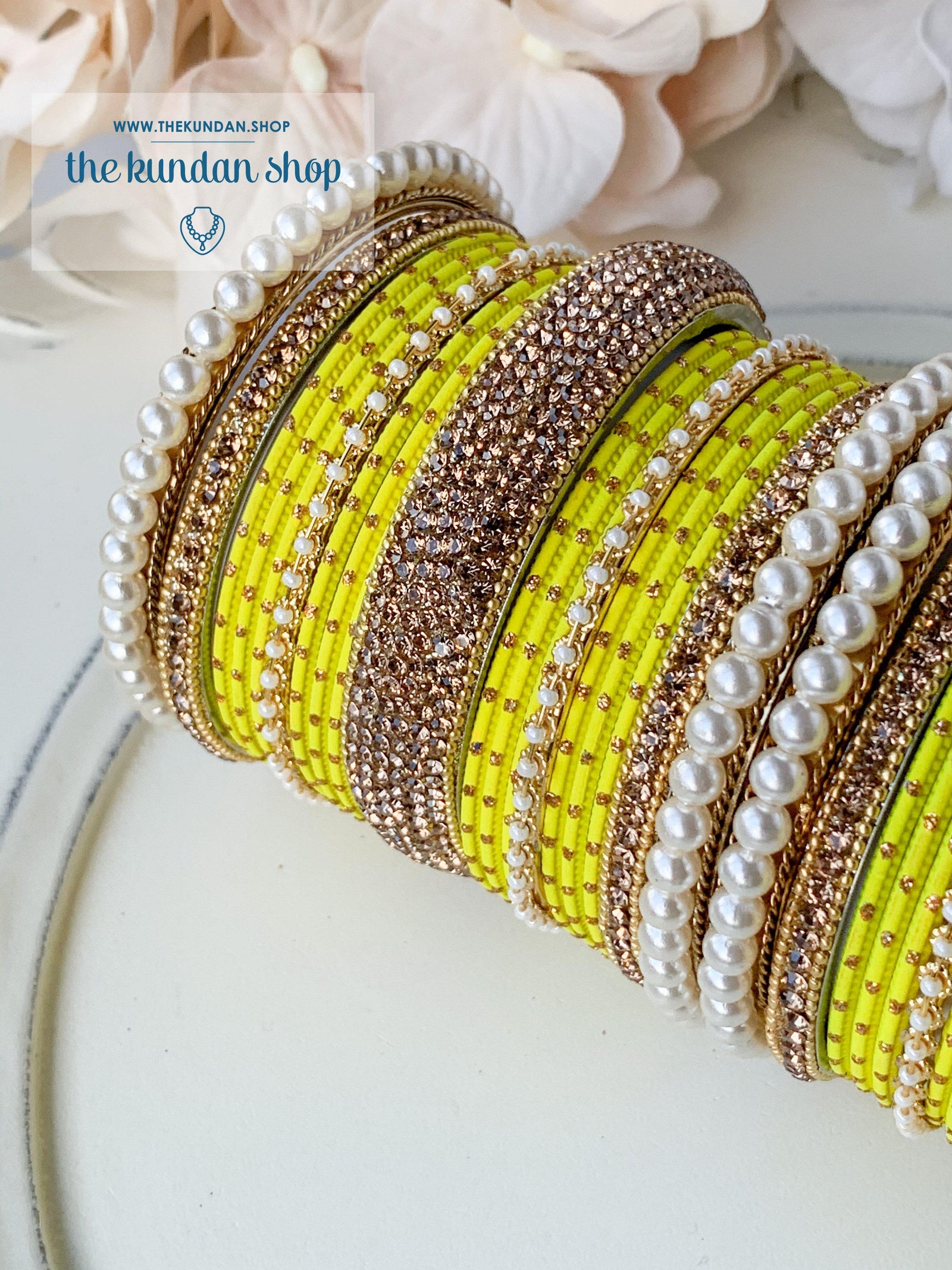 Pearl & Rhinestone Bangles in Yellow Bangles THE KUNDAN SHOP 