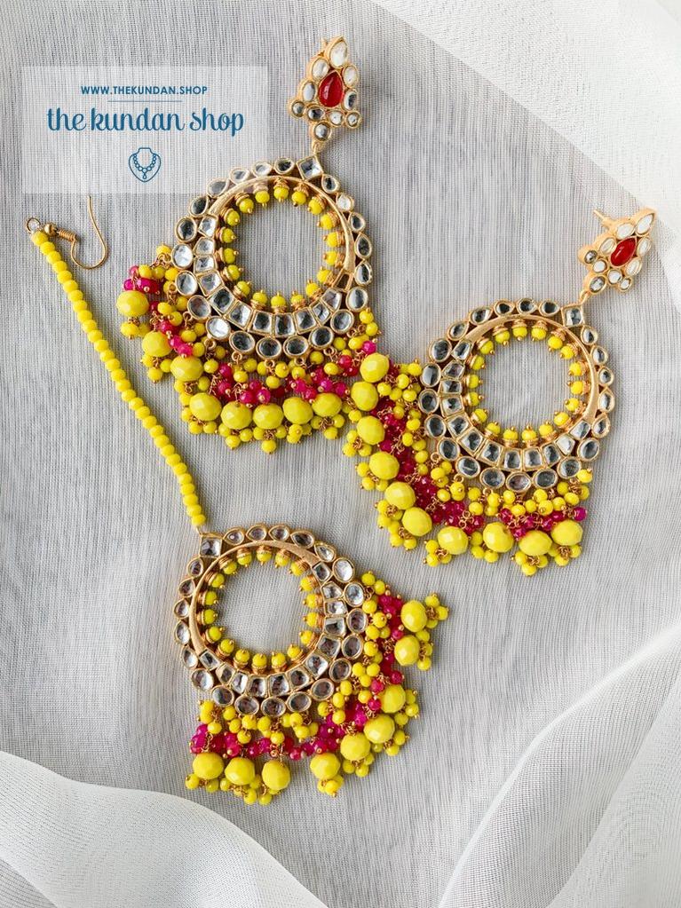 Aura in Yellow & Pink Earrings + Tikka THE KUNDAN SHOP 