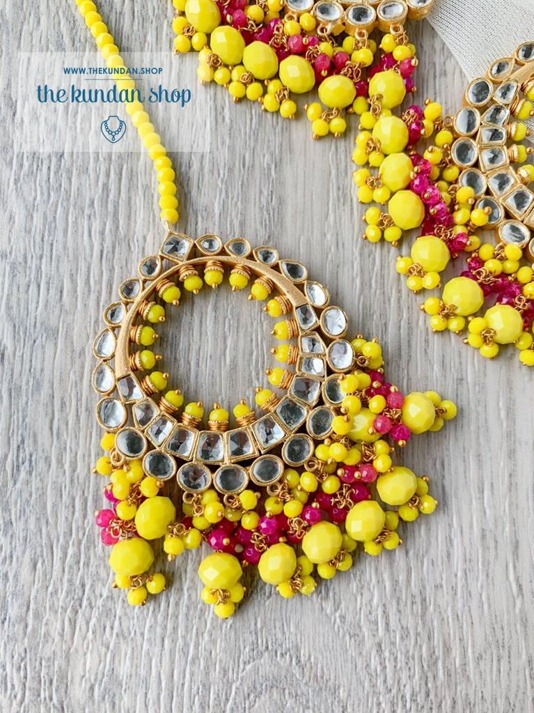 Aura in Yellow & Pink Earrings + Tikka THE KUNDAN SHOP 