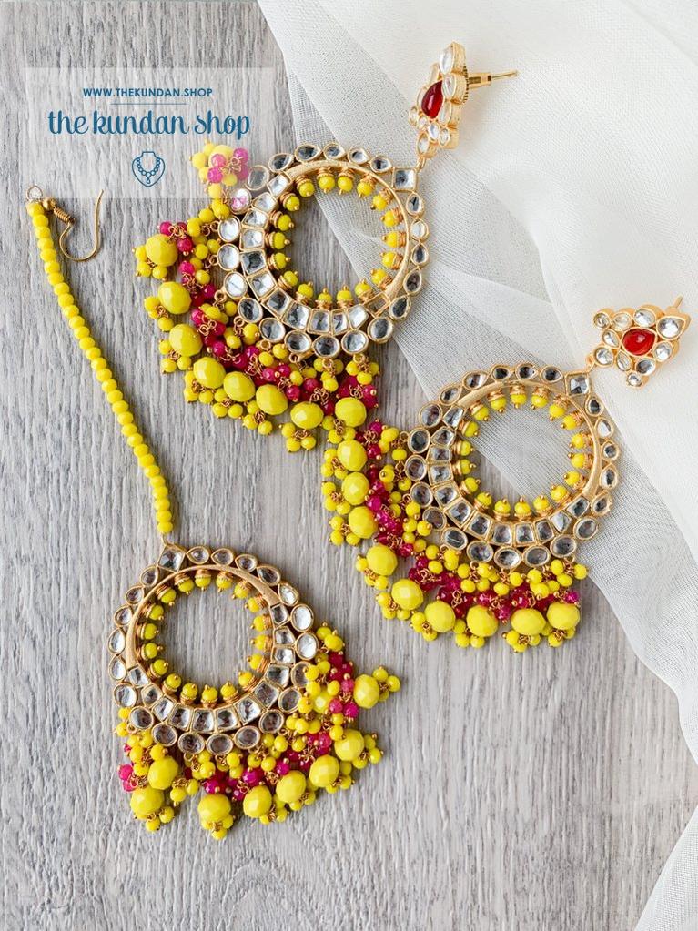 Aura in Yellow & Pink Earrings + Tikka THE KUNDAN SHOP 