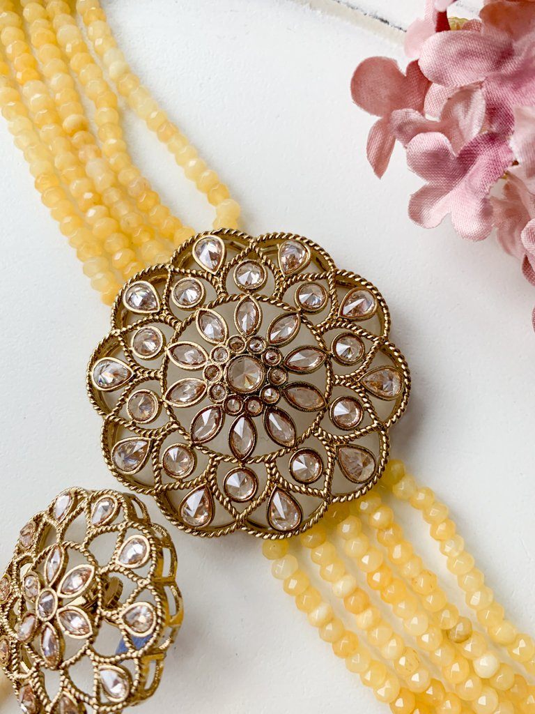 Floral Notes in Yellow Necklace Sets THE KUNDAN SHOP 