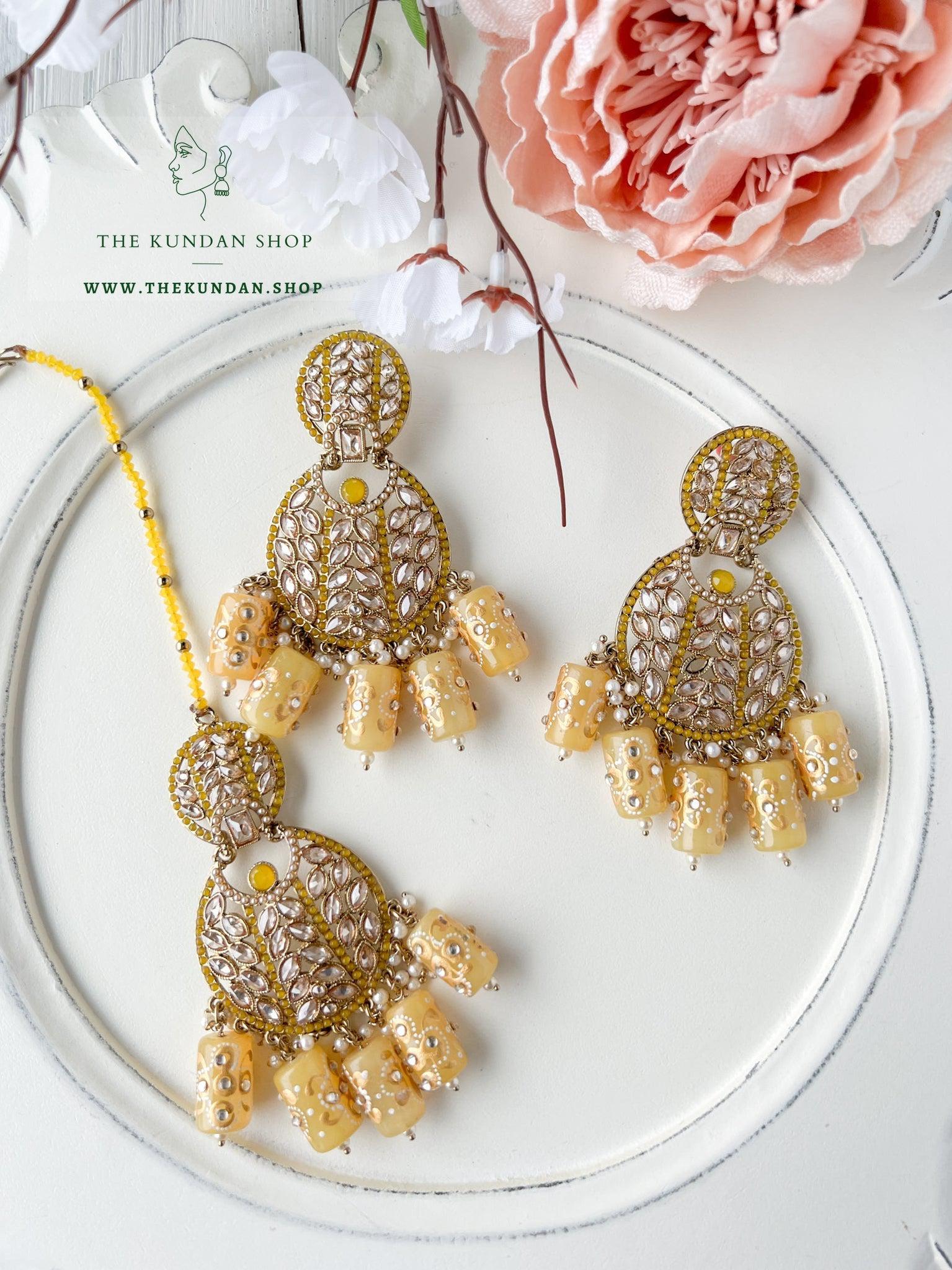 Whispers in Yellow Earrings + Tikka THE KUNDAN SHOP 