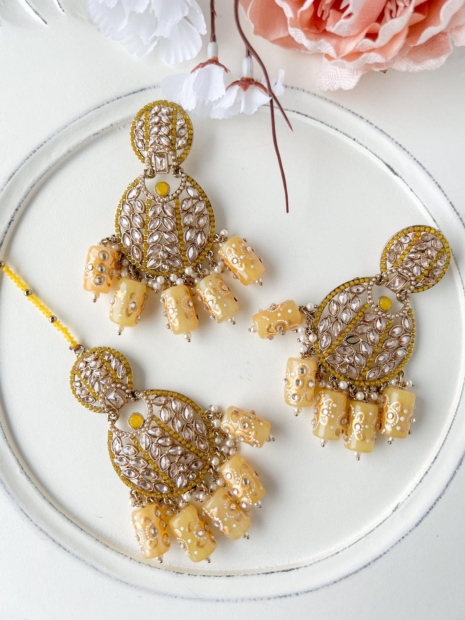 Whispers in Yellow Earrings + Tikka THE KUNDAN SHOP 