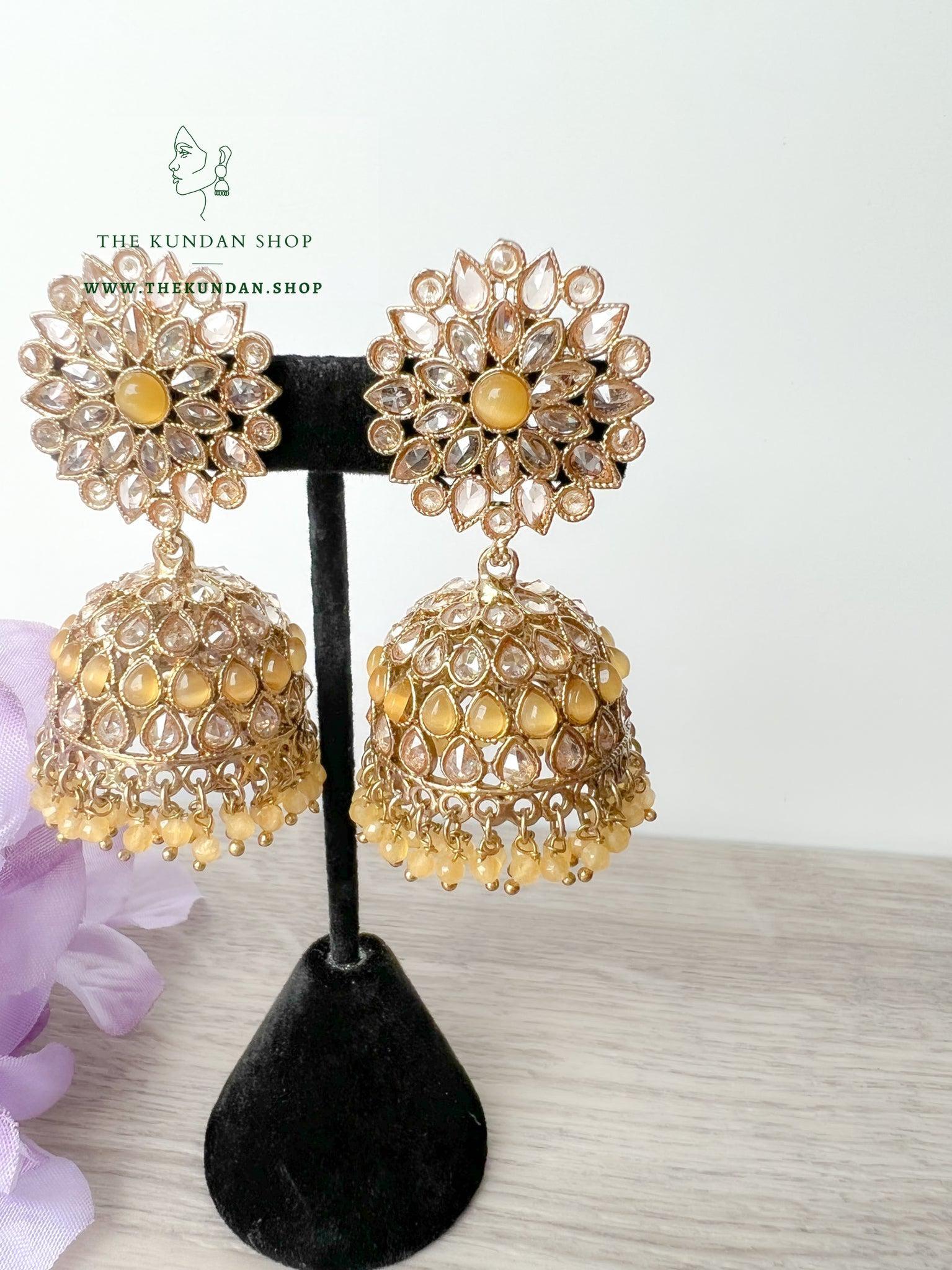 Misty Jhumkis in Yellow Earrings + Tikka THE KUNDAN SHOP 