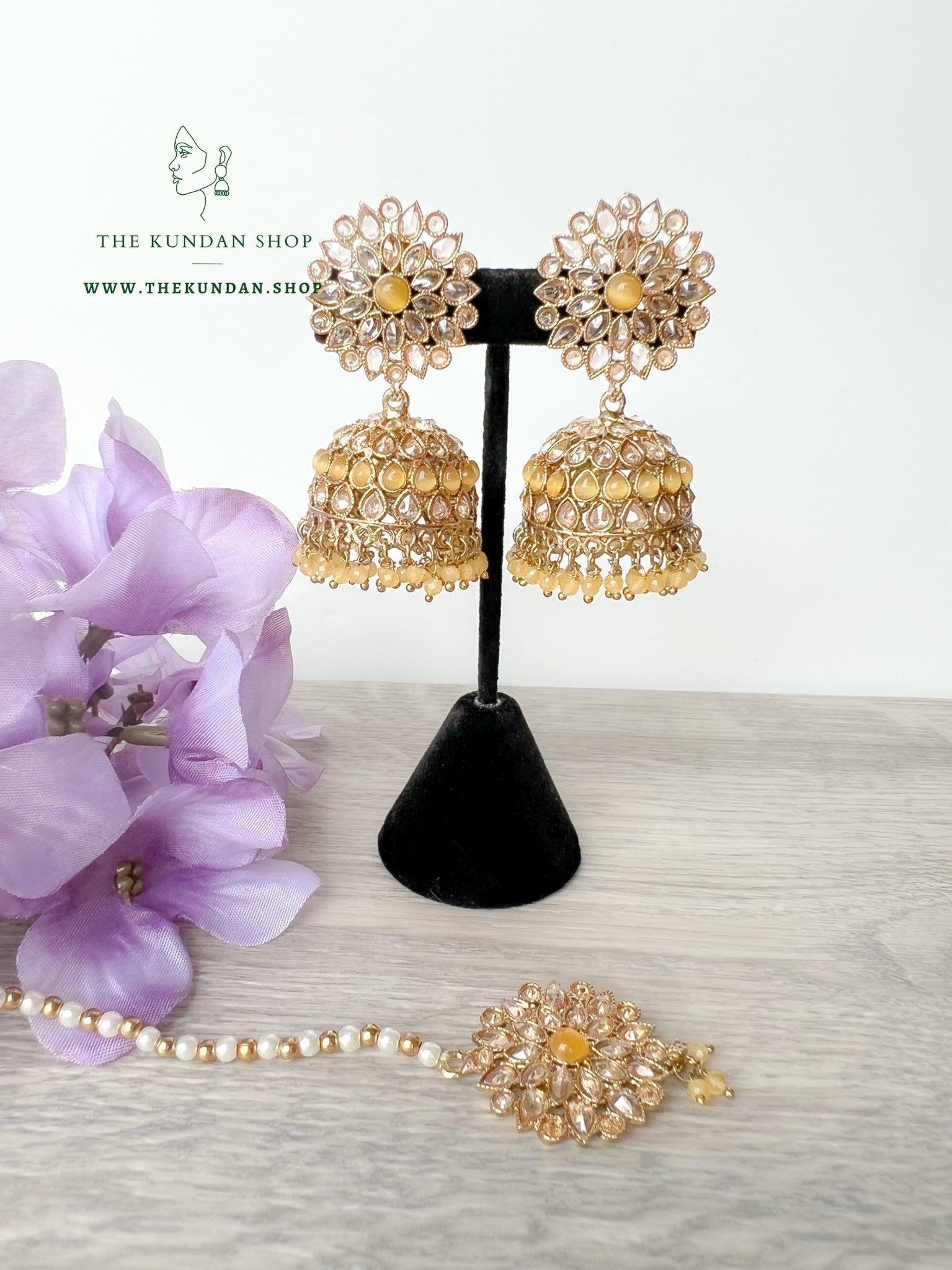 Misty Jhumkis in Yellow Earrings + Tikka THE KUNDAN SHOP 
