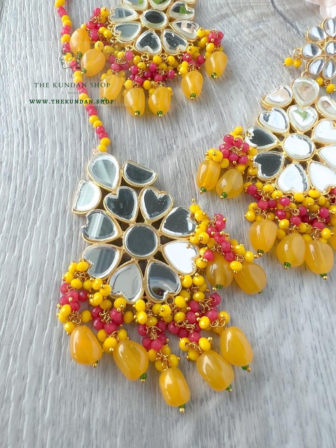 Floral Mirrors in Yellow Earrings + Tikka THE KUNDAN SHOP 