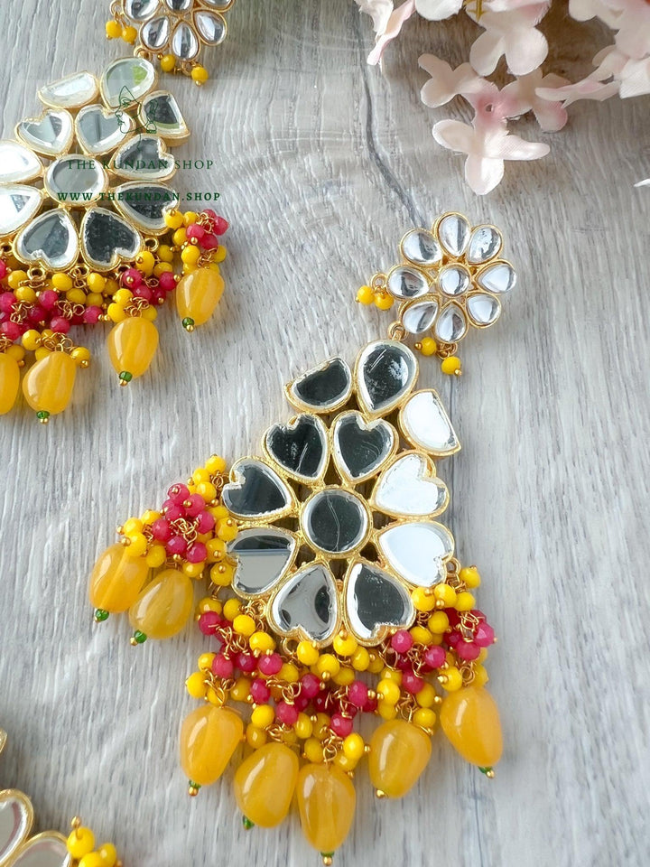 Floral Mirrors in Yellow Earrings + Tikka THE KUNDAN SHOP 