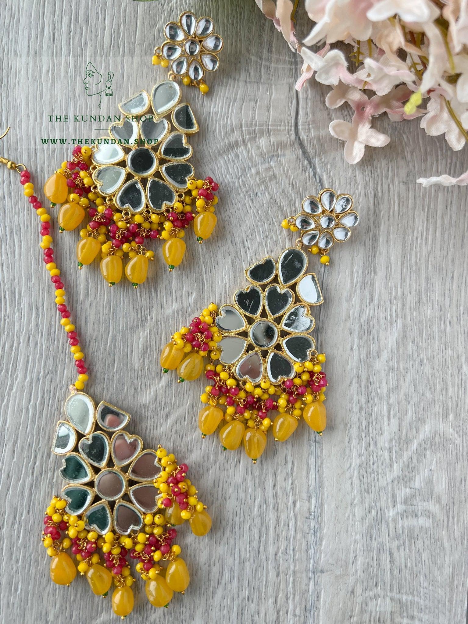 Floral Mirrors in Yellow Earrings + Tikka THE KUNDAN SHOP 