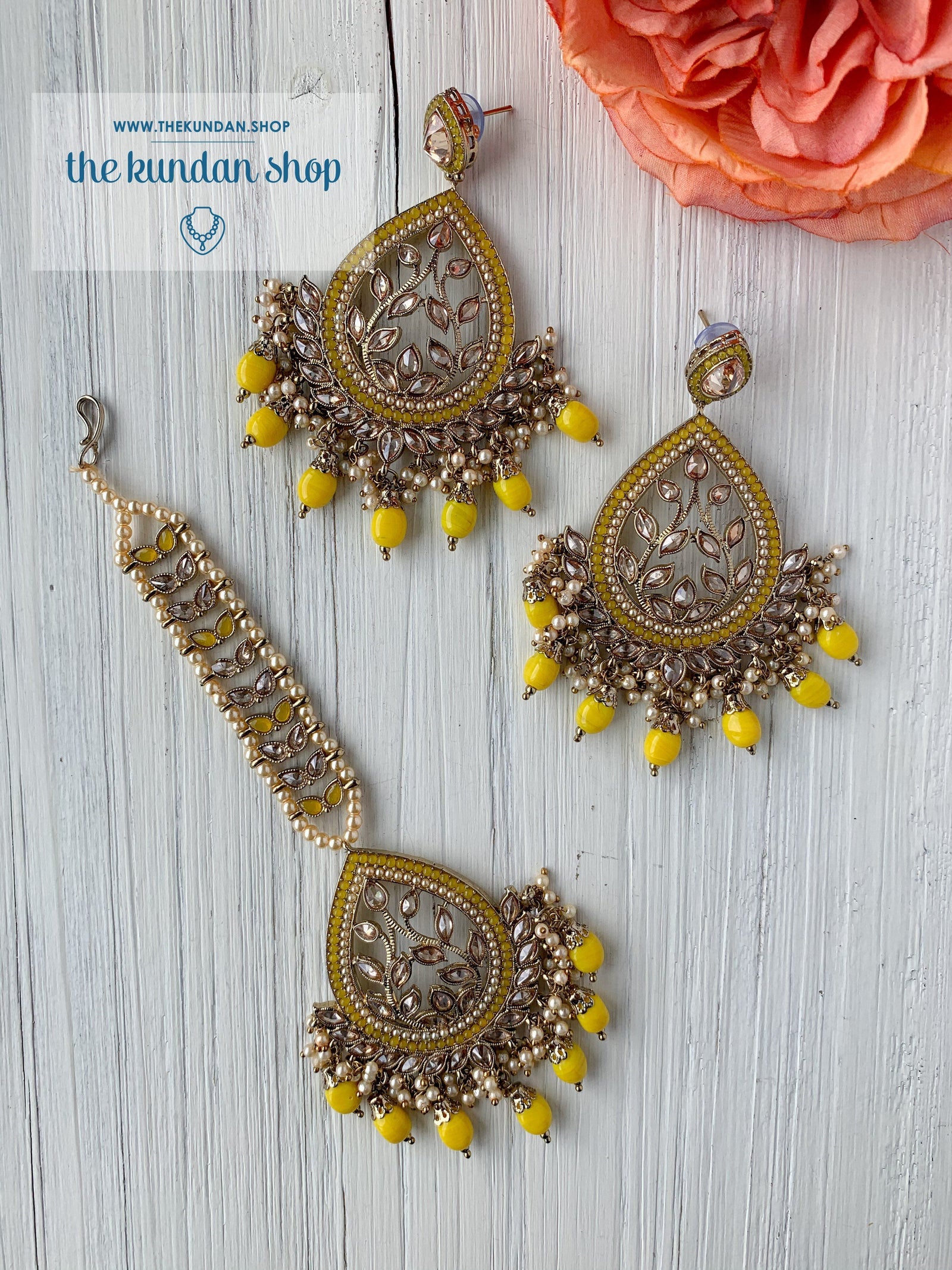 Bold Move - Yellow Earrings + Tikka THE KUNDAN SHOP 