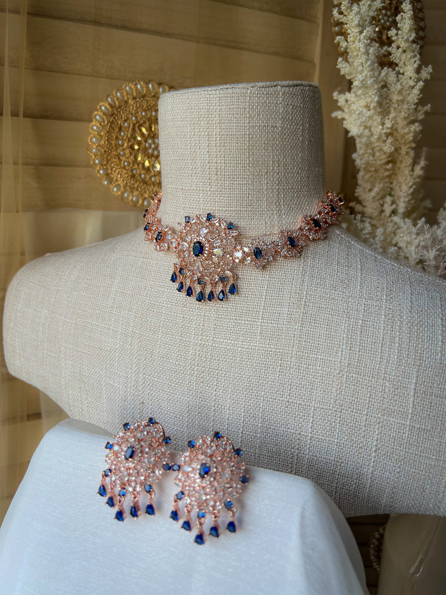 Charisma in Rose Gold Sapphire Necklace Sets THE KUNDAN SHOP 