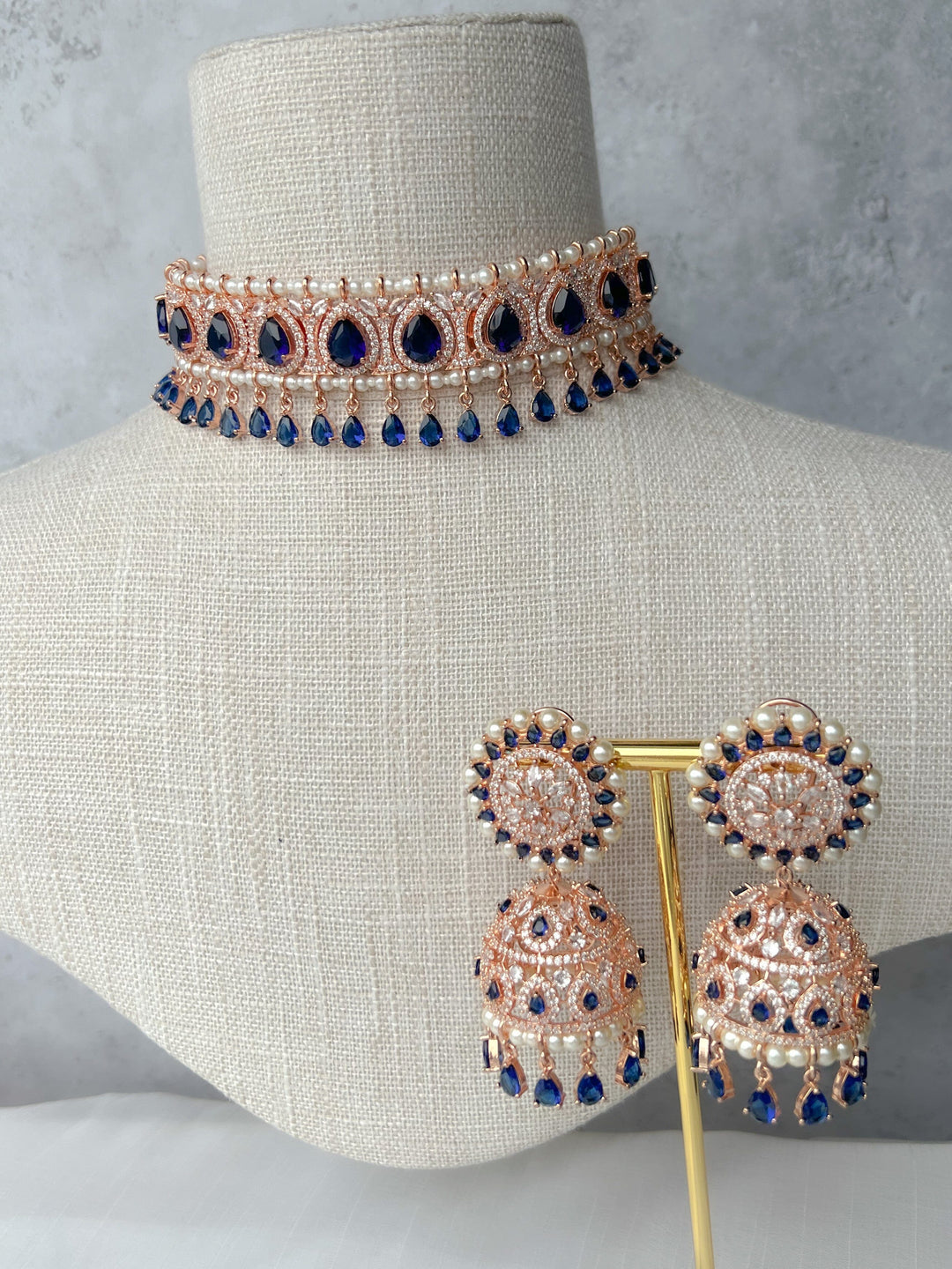 A Teardrop Stone in Rose Gold & Sapphire Necklace Sets THE KUNDAN SHOP 