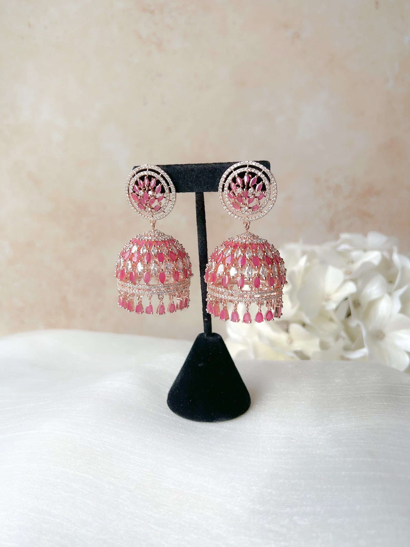 Allusive Jhumkis in Rose Gold & Ruby Earrings + Tikka THE KUNDAN SHOP 