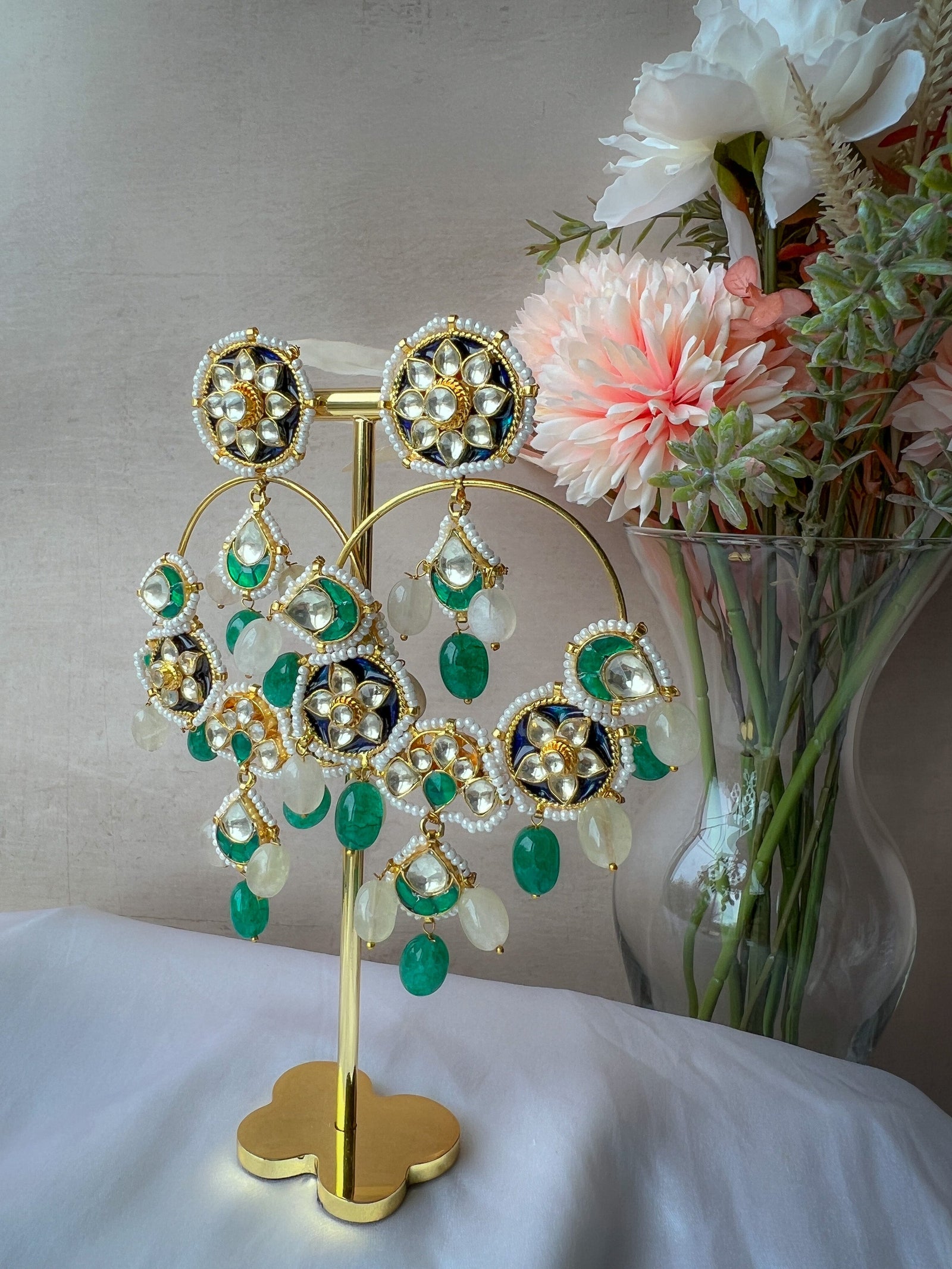 Galaxy Chaandbaalis in Kundan Earrings THE KUNDAN SHOP Green & Off-White 