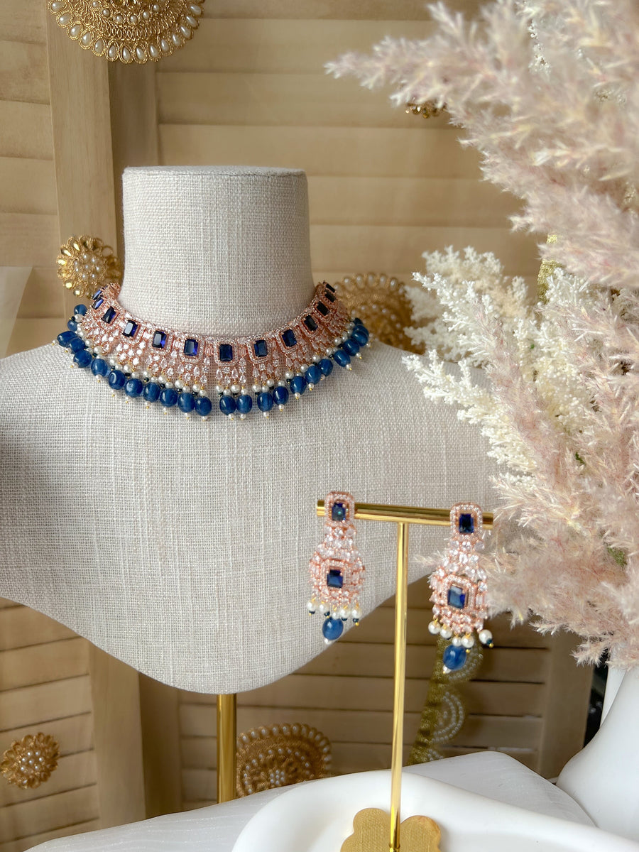 Wholesome in Rose Gold & Blue Necklace Sets THE KUNDAN SHOP 