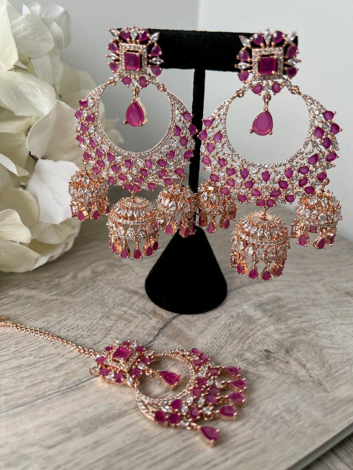 Radiance - Rose Gold + Ruby Earrings + Tikka THE KUNDAN SHOP All Over Ruby 