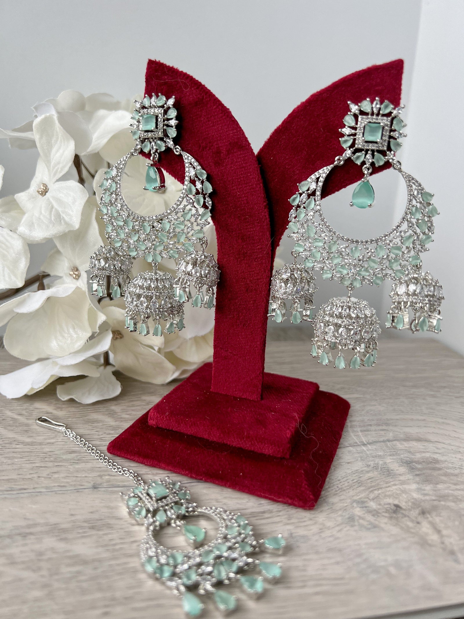 Radiance - Silver + Mint Earrings + Tikka THE KUNDAN SHOP All Over Mint 