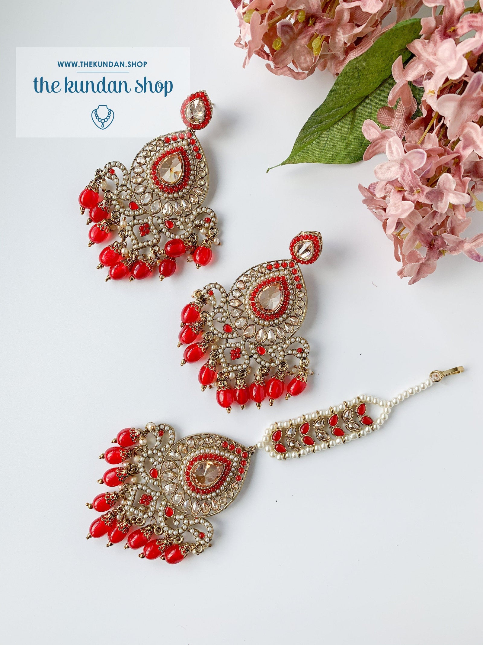 Qualified in Red Earrings + Tikka THE KUNDAN SHOP 