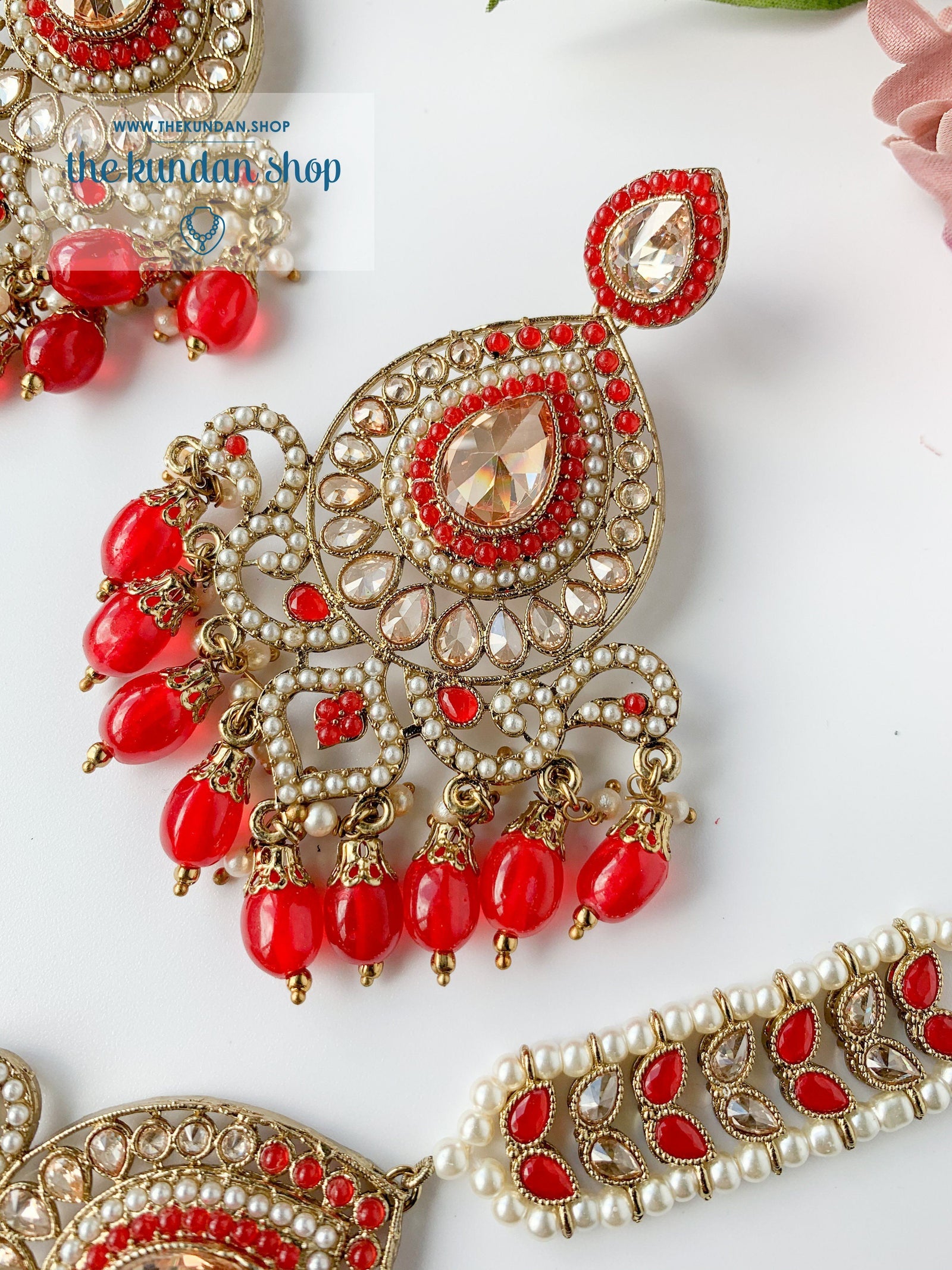 Qualified in Red Earrings + Tikka THE KUNDAN SHOP 